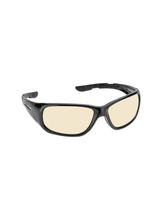Black wrap-around shield glasses with light amber-tinted lenses, shown on a plain white background.
