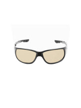 Black wrap-around sunglasses with light beige-tinted lenses, shown against a plain white background.