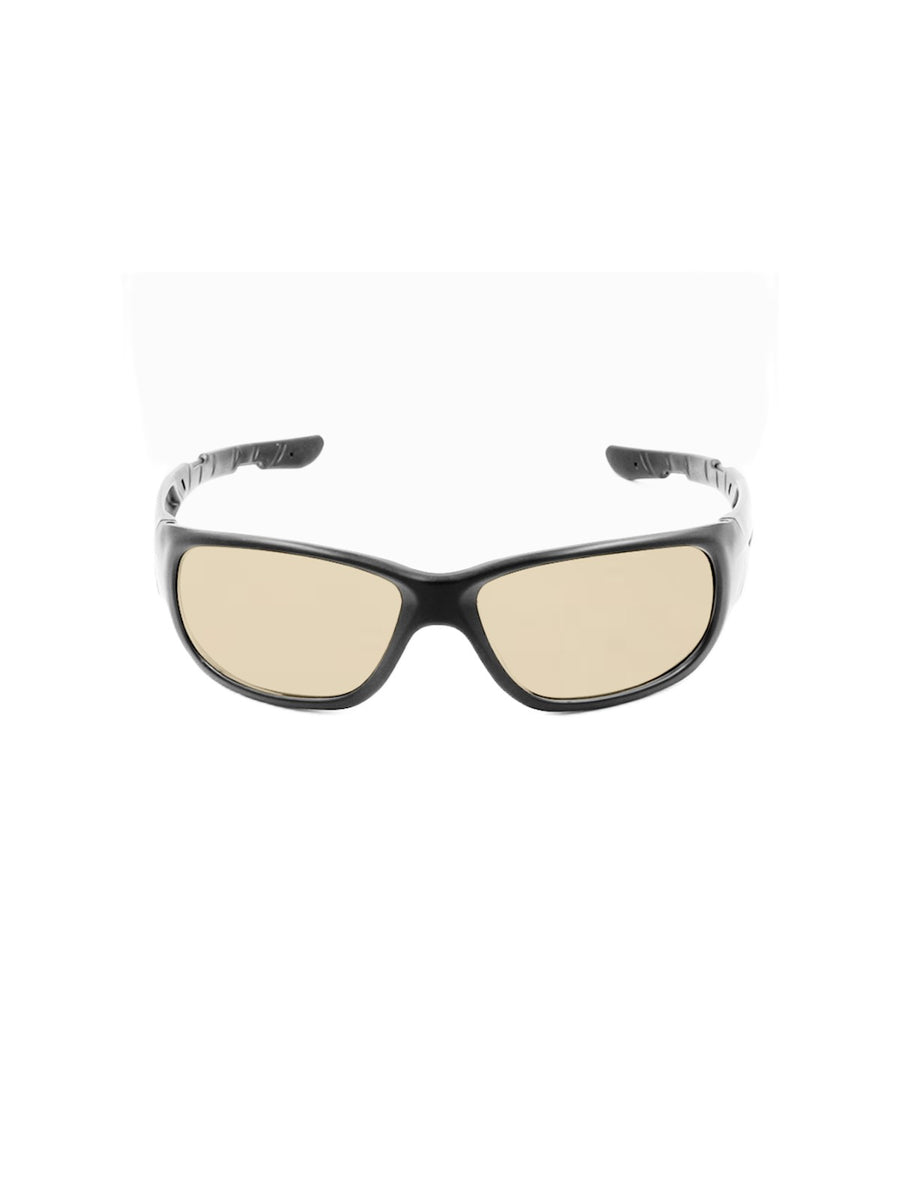 Black wrap-around sunglasses with light beige-tinted lenses, shown against a plain white background.