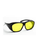 Black safety glasses with bright yellow lenses, shown from a three-quarters angle on a white background.