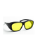 Black safety glasses with bright yellow lenses, shown from a three-quarters angle on a white background.