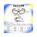 A product information graphic for Noir Edge eyeglasses showing front and side measurements, with labeled dimensions for frame width, lens width, bridge, lens height, temple length, and face size guidance on a blue-to-yellow gradient background.