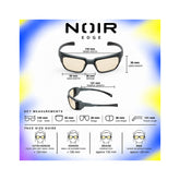 A product information graphic for Noir Edge sunglasses showing front and side views with labeled measurements for lens width, bridge, temple length, lens height, inner width, and key measurements, plus a face size guide on a blue-to-yellow gradient background.