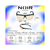 A product infographic for the Noir Edge eyewear, showing two views of the black and gray frames with beige-tinted lenses, along with dimension labels, key measurements, and a face size guide on a colorful gradient background.