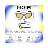 A product measurement graphic for Noir Edge sunglasses, showing two views of the glasses with labeled dimensions for lens width, bridge, temple length, lens height, and face width. Below the product views is a key measurements summary and a face size guide with illustrations for extra narrow, narrow, medium, and wide faces.