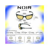 A product infographic for Noir Edge sunglasses showing two views of the glasses with dimension callouts for inner width, lens width, bridge, lens height, and frame length, plus a face size guide on a blue-to-yellow gradient background.