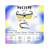 A product infographic for the Noir Edge safety glasses, showing two views of the yellow-tinted safety glasses with black frames, along with dimension measurements.
