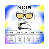 A product infographic for Noir Edge sunglasses showing front and side views with labeled dimensions, plus a face size guide. The image has a blue-to-yellow gradient background and the product itself appears as black-framed sunglasses with yellow lenses.