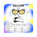 A product infographic for Noir Edge sunglasses showing front and side views with labeled dimensions, plus a face size guide. The image has a blue-to-yellow gradient background and the product itself appears as black-framed sunglasses with yellow lenses.