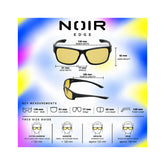 A product infographic for Noir Edge sunglasses showing the product with dimension labels, key measurements, and a face size guide on a colorful gradient background.