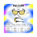 A product infographic for Noir Edge sunglasses showing the product with dimension labels, key measurements, and a face size guide on a colorful gradient background.