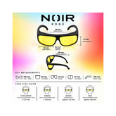 A product infographic for Noir Edge sunglasses showing the product with labeled dimensions, a front and side view, and a face size guide on a pastel gradient background.