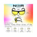 A product infographic for Noir Edge sunglasses showing the product with labeled dimensions, a front and side view, and a face size guide on a pastel gradient background.