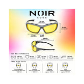 A product infographic for Noir Edge sunglasses showing two views of the glasses with yellow lenses and gray frames, overlaid with measurement labels and a face size guide on a pink-to-yellow gradient background.