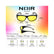 A product infographic for Noir Edge sunglasses showing the product itself at the top with yellow lenses and black frames.