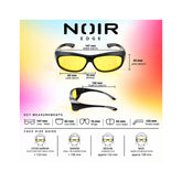 A product infographic for Noir Edge sunglasses showing two views of the black frames with yellow lenses, labeled with dimensions for inner width, lens width, bridge, temple length, lens height, and face size guide icons on a pastel gradient background.