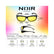 A product infographic for Noir Edge sunglasses showing two views of the black frames with yellow lenses, labeled with dimensions for inner width, lens width, bridge, temple length, lens height, and face size guide icons on a pastel gradient background.