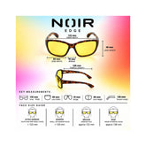 A product infographic for Noir Edge sunglasses showing two views of tortoiseshell frames with yellow lenses.