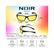 A product infographic for Noir Edge sunglasses showing two views of the glasses with labeled dimensions for lens width, bridge, temple length, and lens height, plus a face size guide on a pink-to-yellow gradient background.