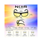NOIR EDGE eyeglasses with black frames and yellow lenses, shown with measurement callouts and a face size guide on a colorful gradient background.