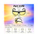 NOIR EDGE eyeglasses with black frames and yellow lenses, shown with measurement callouts and a face size guide on a colorful gradient background.