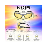 A product infographic for Noir Edge sunglasses showing two views of the eyewear with yellow lenses, plus measurement callouts and a face size guide on a colorful gradient background.