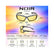 A product infographic for Noir Edge sunglasses showing two views of the eyewear with yellow lenses, plus measurement callouts and a face size guide on a colorful gradient background.