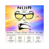 NOIR EDGE eyeglasses size guide and measurement chart showing front and side views of black-framed yellow-lens glasses with labeled dimensions, plus face size guide icons and text on a colorful gradient background.
