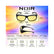 NOIR EDGE eyeglasses size guide and measurement chart showing front and side views of black-framed yellow-lens glasses with labeled dimensions, plus face size guide icons and text on a colorful gradient background.