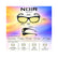 A product infographic for Noir Edge 3D glasses showing front and back views with measurement callouts, key dimensions, and face size guide on a colorful gradient background.