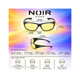 A product infographic for the Noir Edge eyeglasses, showing two views of the black-framed yellow-tinted glasses with dimension labels.