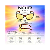 A product infographic for the Noir Edge eyeglasses, showing front and side views with labeled measurements for frame width, bridge, lens height, and lens width. 