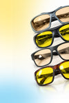NOIR Edge glasses with yellow and light amber filter lenses in grey, black and tortoiseshell frames 